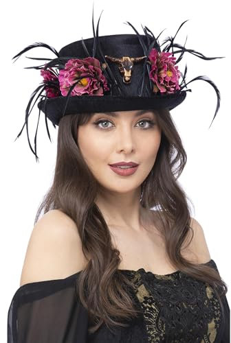 Smiffys Geblümter Horn-Zylinder, schwarz und rosa, mit Pfingstrosenblüten und Federn