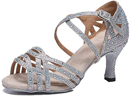 MINITOO Damen Tanzen Schuhe Tanzschuhe Latein Salsa Glitzer Sandalen L357 Silber 7.5cm Absatz EU 40