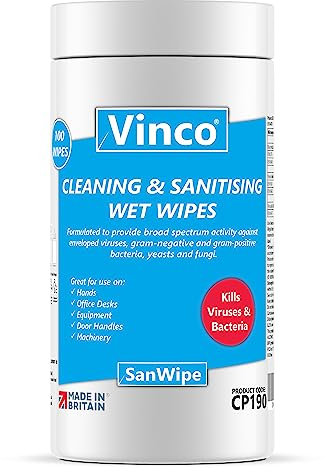 Vinco-SanWipe Cleaning & Sanitising Wet Wipes | 100 Wipes Per Tub - wipes for on the go - wipes for around the house and in the car | Anti-bac & Anti-viral 100 Multi-Use