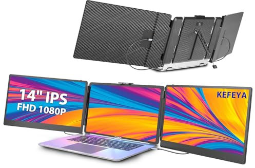 KEFEYA Laptop Screen Extender, 14 Portable Monitor for Laptop, 1080P FHD Triple Screen Laptop Monitor Extender for 13-17.3 Laptop, HDMI/USB-C for MacBook, Windows, Chrome, Switch, Plug & Play