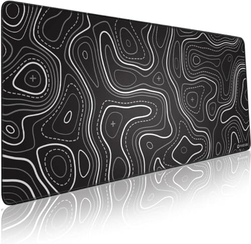 Glittery Garden Tapis de Souris Minimaliste avec Motif Carte topographique – Contour étendu Grand Bord Cousu Tapis de Souris Noir et Blanc antidérapant XXL Tapis de Bureau de Jeu