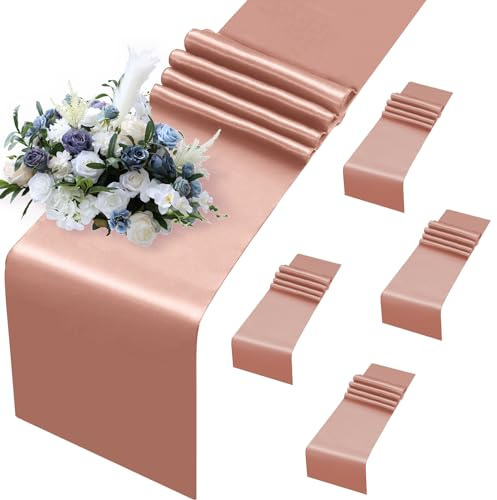 MILVOWOC Lot de 5 chemins de table en satin de soie lisse et brillant pour mariage, banquet, fête, anniversaire, remise de diplôme, 30,5 x 274,3 cm, or rose