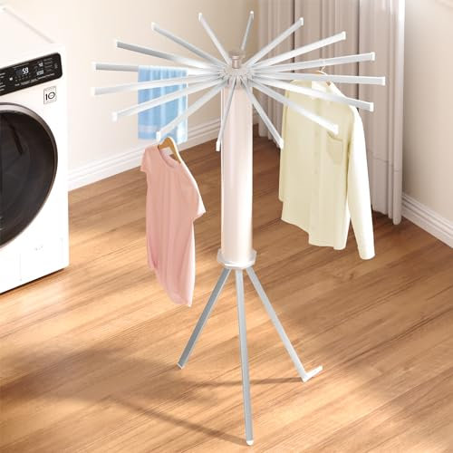 kenvc Tripod Clothes Drying Rack, Folding Space Saving Compact Laundry Drying Rack-16 Rotatable Arms for Hanger, Diameter 3.6FT, 3 Legs for Indoor Outdoor Apartment Balcony (Aluminum)