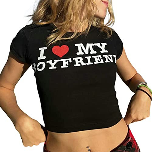 Niceyoeuk Kurzärmeliges Mini-Top für Damen, mit Aufdruck I Love My Boyfriend, schmales T-Shirt zum Valentinstag, Schwarz , S