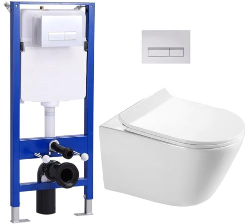 Hänge WC Spülrandlos mit Unterputz Spülkasten, Toilette und Vorwandelement WC Set Komplett, Tiefspül WC, Glänzende Chromfarbe Drückerplatte, Wand WC Keramik mit Soft-Close Absenkautomatik PP Deckel