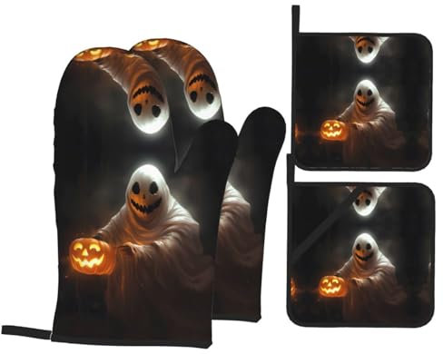 Ghost Holding A Jack O Lantern Oven Gloves Heat Resistant, Print Cotton Non-Slip Oven Mitts 1 Pair And 2 Pot Holders For Cooking