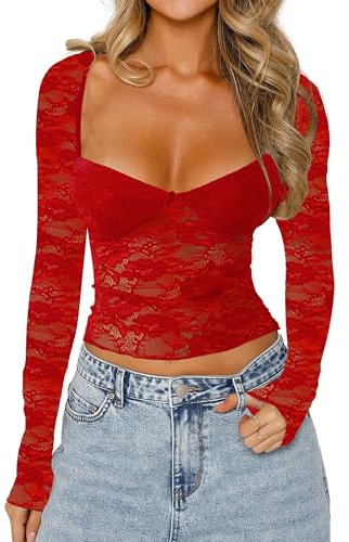ZZLBUF Sexy Crop Floral Lace Sweatheart Neck Tops for Women Long Sleeve Slim Fitted Low Cut Shirt Y2k Going Out Streetwear (Red, S)