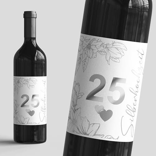 Flaschenetiketten Set zur Silberhochzeit 25 Jahre - 6 Aufkleber mit 30 Stickern selbstklebend - Tischdeko Geschenk-Ideen für Sie & Ihn zur Hochzeit Verlobung Jahrestag (25 Silberhochzeit)