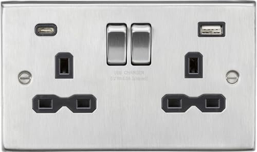 13A 2G SP Switched Socket with Dual USB A+C (5V DC 4.0A shared) - Brushed Chrome with Black Insert