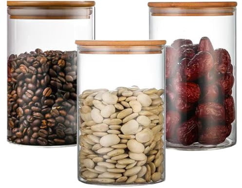 NAVACALA Round Glass Storage Jars with Lids 1000ML Set of 3 - High Borosilicate Glass Airtight Kitchen Food Canisters Cylinder Clear Preserving Seal Containers with Lid 1000ml