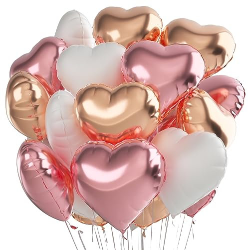 Herz Folienballon 24 Stück,Herzballons Hochzeit rosa weiß Roségold,Herz Helium Luftballons,Herzluftballons für Party,Geburtstag,Valentinstag, Hochzeit, Verlobung,Muttertag(rosa weiß Roségold)