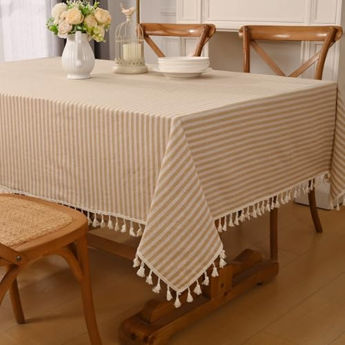 Alishomtll Leinen Gestreifte Quaste Tischdecke Rechteck Abwischbar Fleckschutz Tischtuch Leinenoptik Waschen Tischdecken, Restaurant Party Garten Dekor Tischwäsche, Beige Weiß 140x240cm