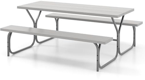 Giantex Table de Pique-Nique avec 2 Bancs pour 8 Personnes, Table de Camping avec Trou pour Parasol, Plateau en HDPE, Cadre en Métal, 183 x 161 x 76 CM,Charge 250 KG, pour Patio, Jardin (Gris)