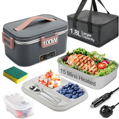 BYbrutek Electric Lunch Box 100W, 1.8L Removable Stainless Steel, 3-in-1 Portable Heated Lunch Box, 12V/24V/220V Insulated Heat Box for Car/Truck/Office/Home, with Insulated Bag and Sponge (Grey)