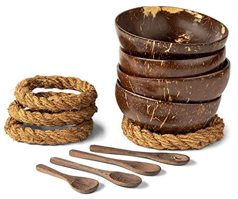 Rhghfujhgy Kokos Schalen mit Löffeln & Ständern - Set mit 4 Schalen aus Kokosnussschalen + Löffel und wackelfreiem Halter für Salat