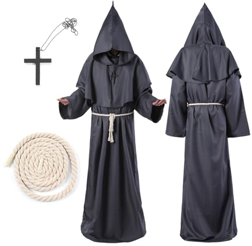 LXYYDS Kostüm Mönch, Priester Robe, Mönch Priester Gewand Kostüm mit Kapuze und Kreuz, Mittelalter Renaissance Robe, Mönch Priester Kostüm Gewand, für Mottoparty Halloween Cosplay Karneval