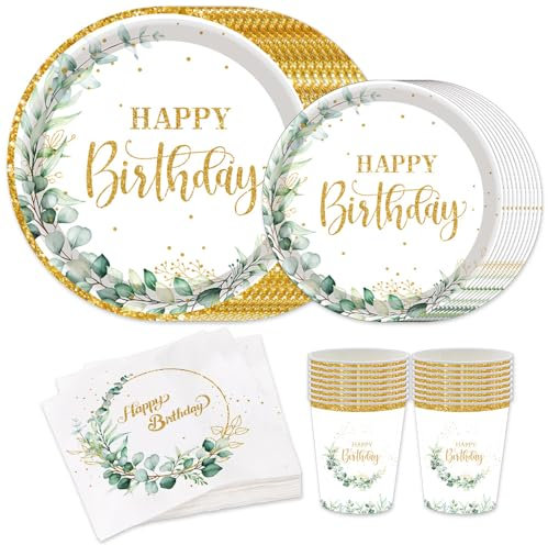 Kaseryao Pappteller Eukalyptus Geburtstagsdeko, Partygeschirr Pappgeschirr Set, Happy Birthday Pappteller Salbeigrün, Geburtstag Partygeschirr für 20 Personen