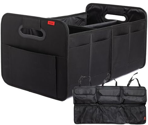 NoGuZ - 2er Set Premium Kofferraumtasche inkl. Organizer (verstärkte Ausführung) - Auto Faltbox 35 Liter & Kofferraum-Tasche für Rückbank mit viel Stauraum - Autotasche faltbar als Aufbewahrungsbox