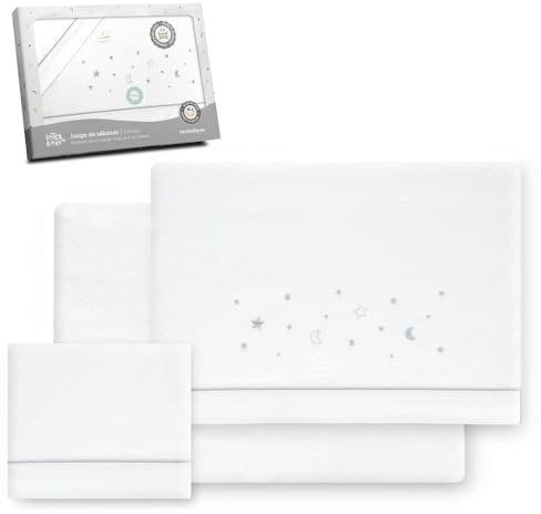 Interbaby Bettwäsche-Set für Kinderbett, 60 x 120 cm, 100% Baumwolle, warm, weich, inklusive Spannbettlaken, Bettbezug und Kissenbezug, ideal für den Winter, Sterne, Mond, Weiß/Grau