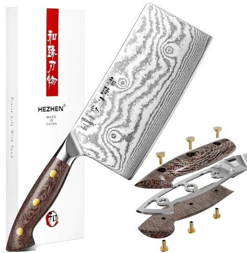 HEZHEN 18cm Cuchillo de Cocinero Chino Acero Damasco, Cuchillos de Carne Profesional, Cuchillos de Verdura y Fruta, Manico de Micarta Ergonomico