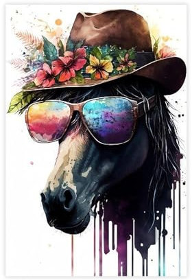 CSESTCGN Poster sur toile représentant un cheval portant un chapeau et des lunettes de soleil - Décoration pour chambre à coucher, bureau, chambre - 60 x 90 cm