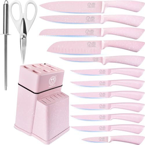 XYJ - Set di coltelli da cucina con portacoltelli, set di coltelli da cucina giapponesi professionali, in acciaio inox, coltello per bistecca, pane, Santoku