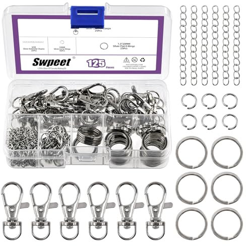 Swpeet Juego de fabricación de llaveros de plata de 125 unidades, 25 unidades, gancho giratorio para llavero, 25 P, cadenas extensoras de 25 P, anillos abiertos de salto de 50 P, cierres de langosta
