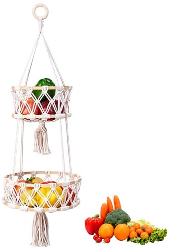 Handgefertigt Korb Hängender Küche, Küche Boho Hängekörbe, Baumwollseil Hängende Tasche, Hängender Baumwollseil Gemüsekorb, Obstkorb Hängend, für Kann in Küchen, Esszimmer, Wohnzimmer, Terrassen