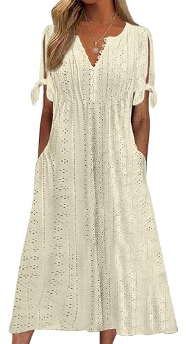 CheChury Robe d'été Femme Boho Maxi Col en V de Plage Boheme Longue Midi Décontracté Chic et Elegant A-Line Manches Courtes Casual avec Poche