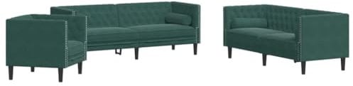 vidaXL 3-TLG. Chesterfield-Sofa-Set mit Nackenrollen Dunkelgrün Samt