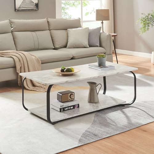 [en.casa] Table Basse de Salon avec Étagère Table d'Appoint avec Surface de Rangement Design Style Intemporel Plateau Rectangulaire MDF Acier 120 x 60 x 43 cm Effet Marbre Blanc Noir