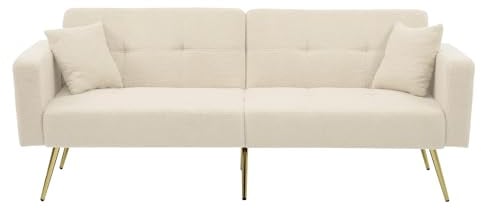 Merax Schlafsofa mit Bettfunktion, verstellbarem Winkel, Stabiler Holzrahmen, inkl. Kissen & seitlichen Aufbewahrungstaschen, umwandelbar, komfortabel, für Gäste, Beige