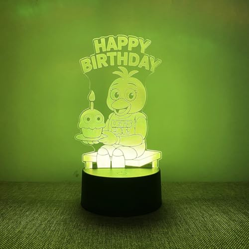 BIRBANN 3D Acryl LED Nachtlicht – Geburtstagsdesign mit süßem Vogel und Kuchen, Touch-Steuerung, 7 Farben, USB Lampe für Kinderzimmer, Deko & Geschenk zum Geburtstag