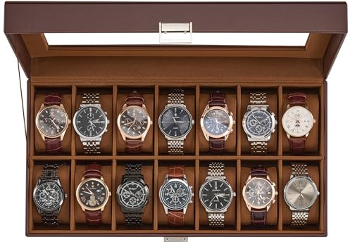 ProCase Caja Organizadora de Relojes 14 Ranuras, Estuche Joyero con Tapa de Cristal, Vitrina de Almacenamiento para Relojes, Pulseras y Joyas, Regalo Elegante para Hombres y Mujeres – Café