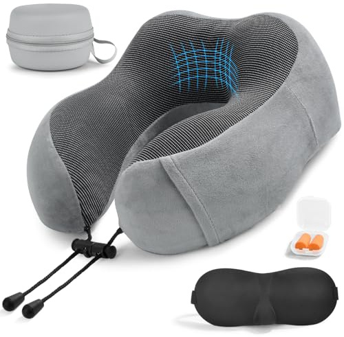 RUACDIQ Nackenkissen Flugzeug, Nackenhörnchen Erwachsene, Reisekissen Memory Foam, Verstellbares Kompaktes Nackenkissen Reise, mit Ohrstöpseln, Augenmaske, Aufbewahrungsbox(Grau)