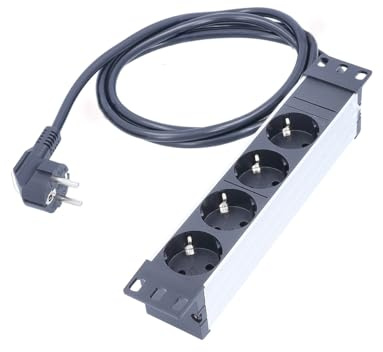 as - Schwabe Multiprise 10 en Aluminium 4 Prises, 2 m, H05VV-F 3G1,5 avec Supports, 230 V/16 A/3500 W, pour armoires serveurs, Noir/Argent, IP20,