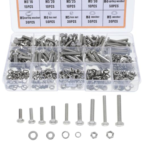 FRCOLOR 375 Stück Edelstahl Muttern und Schraubensortiment mit Unterlegscheiben für Hohe Beanspruchung Metrische Schrauben und Bolzenset für Reparaturen Werkstatt und Auto