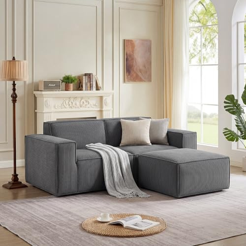 LINSY HOME Zweisitzer Sofa - 194cm, Cord, Dunkelgrau, 2 Sitze + 1 Hocker | Modulares Sofa, Sektionssofas für Wohnzimmer, Keine Montage erforderlich