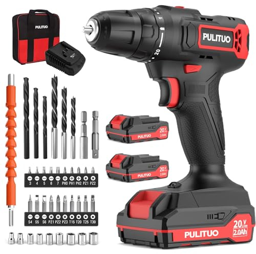 PULITUO Trapano Avvitatore Batteria 20V, Avvitatore a Batteria con 2 Batterie da 2,0 Ah, Mandrino Autoserrante da 3/8, 2 Velocità, 21+1 Livelli di Coppia, Set 42 Pezzi, Kit di Attrezzi per La Casa