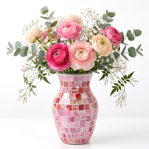 HUASD Glasvase Handarbeit Mosaikvase für Blumen Wohnzimmer Deko H20cm Rosa | Ø9,9cm Öffnung; Blumenarrangement; farbbeständig; Handgefertigt Mosaik; für Wohnzimmer, Esstisch, Fensterbank, Geschenk; Pink