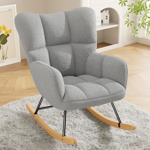 Hawthyhome Schaukelstuhl mit Armlehnen bis 136 kg, Grau | Hohe Rückenlehne; gepolsterte Armlehnen; Lendenkissen inklusive; Stillsessel für Babyzimmer, Wohnzimmer & Leseecke