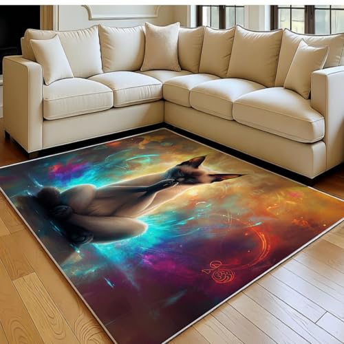 Teppich Siamkatze 120 x 180 cm Kurzflor Waschbar Retro Pflegeleicht Extra Weich Wohnzimmer Esszimmer Schlafzimmer
