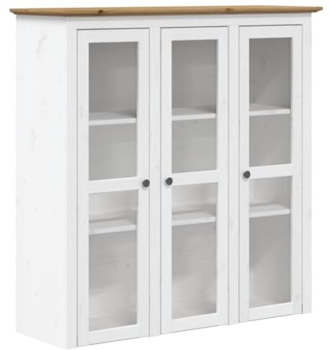SKTQYQO BODO Schrank Glastüren Massivholz Kiefer Weiß Braun | Französischer Stil, 3 Glastüren, Griffe aus Metall, 115,5 x 38,5 x 118 cm, großer Stauraum