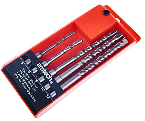 Amtech 5 Piece SDS Drill Bit Set, 5 12 mm Hardened Steel Bits with Plastic Case, Ideal for Concrete, Brick and Masonry Drilling