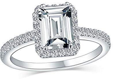 Zeitloser klassischer eleganter 3CT Halo AAA CZ Art Deco Stil Klar Rechteck Smaragd Schnitt Verlobungsring für Frauen Zirkonia Pave Dünn 1 MM Band .925 Sterling Silber