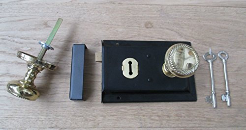 IRONMONGERY WORLD® Black Lock and Polished Brass Traditional Old Vintage Style Rim Door Lock & Rim KNOB Set Handles (Georgian/Rope Edge Rim KNOB)