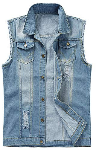 Mens Waistcoats Casual Ripped Denim Vest Vintage Sleeveless Jackets Cowboy Outwear Gilets, L, Light Blue(design 2)