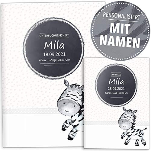 OLGS U-Heft und Impfpasshüllen Set mit Personalisierung Safari Tour Tier | Untersuchungsheft- & Impfpass Hülle, Geschnkidee mit Namen (Uhefthülle, Impfpasshülle personalisiert, Zebra)