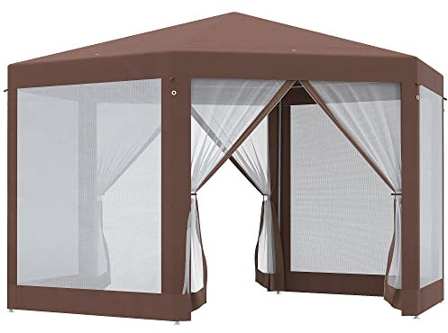 Outsunny Hexagonal Garden Gazebo Patio Party Outdoor Canopy Tent Sun Shelter with Mosquito Netting and Zipped Door, Brown