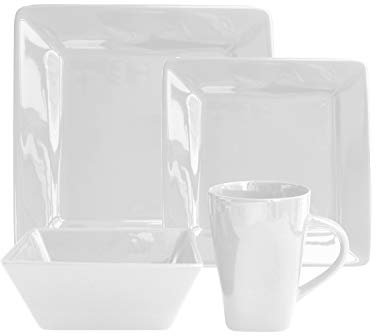 American Atelier Kingsley - Vajilla cuadrada de 16 piezas, colección de fiestas de gres con 4 platos de ensalada, 4 cuencos y 4 tazas - Idea de regalo única, color blanco - 16
